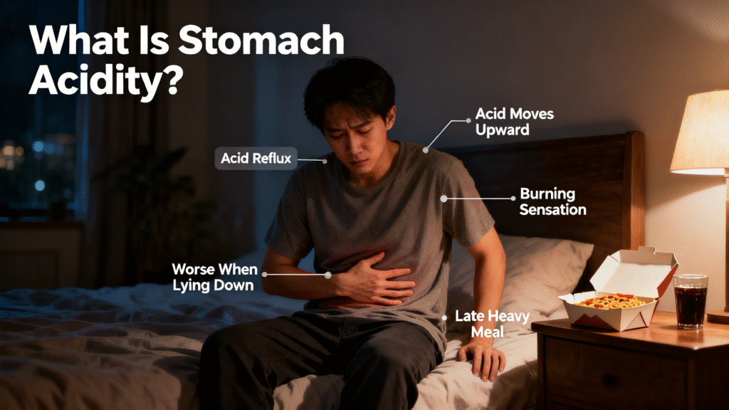 A man sitting on his bed and feeling acid reflux in the middle of the night